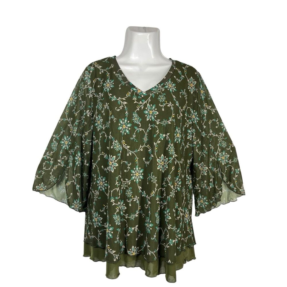 Timeson Womens Top Large Green Floral Bell Sleeve Mesh Blouse Flowy Whimsigoth